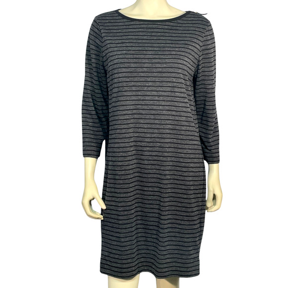 Loft Sz L Sweater Shift Dress Zipper Detail Black & Gray Striped Stretch Knit - Picture 1 of 9
